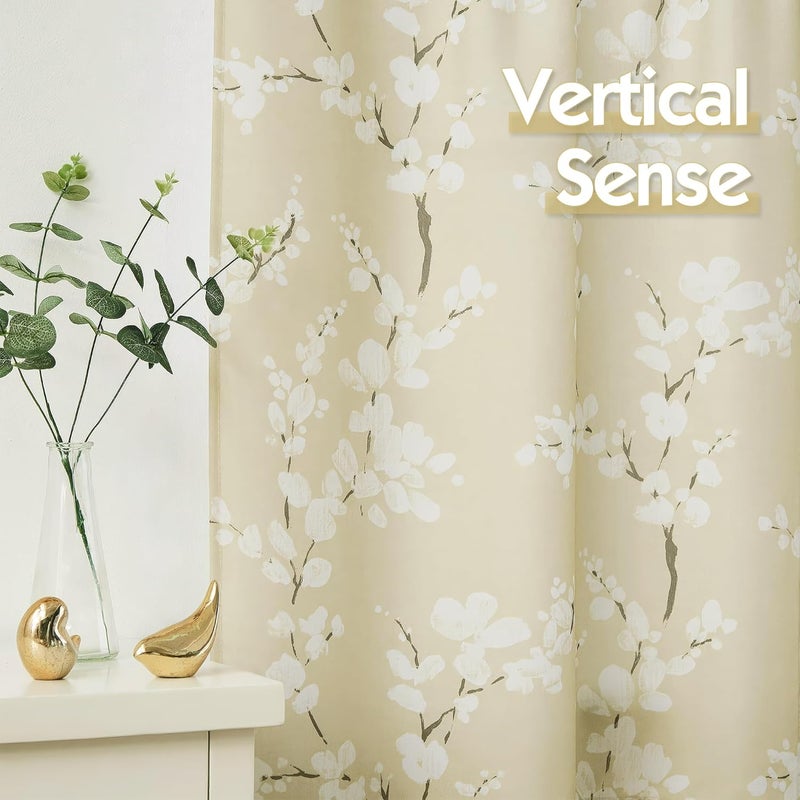 FMFUNCTEX Beige Kitchen Tier Curtains 24 Inch Length Windows White Blossom Print Light Filtering Privacy Tiers for Bathroom Living Room Privacy Small Café Curtain 2 Panels - Image 4
